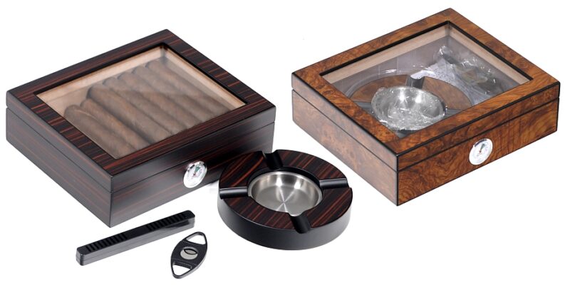 Lubinski Humidor per Sigari in Vetro Ebano e Olmo - COMPLETO DI SET -